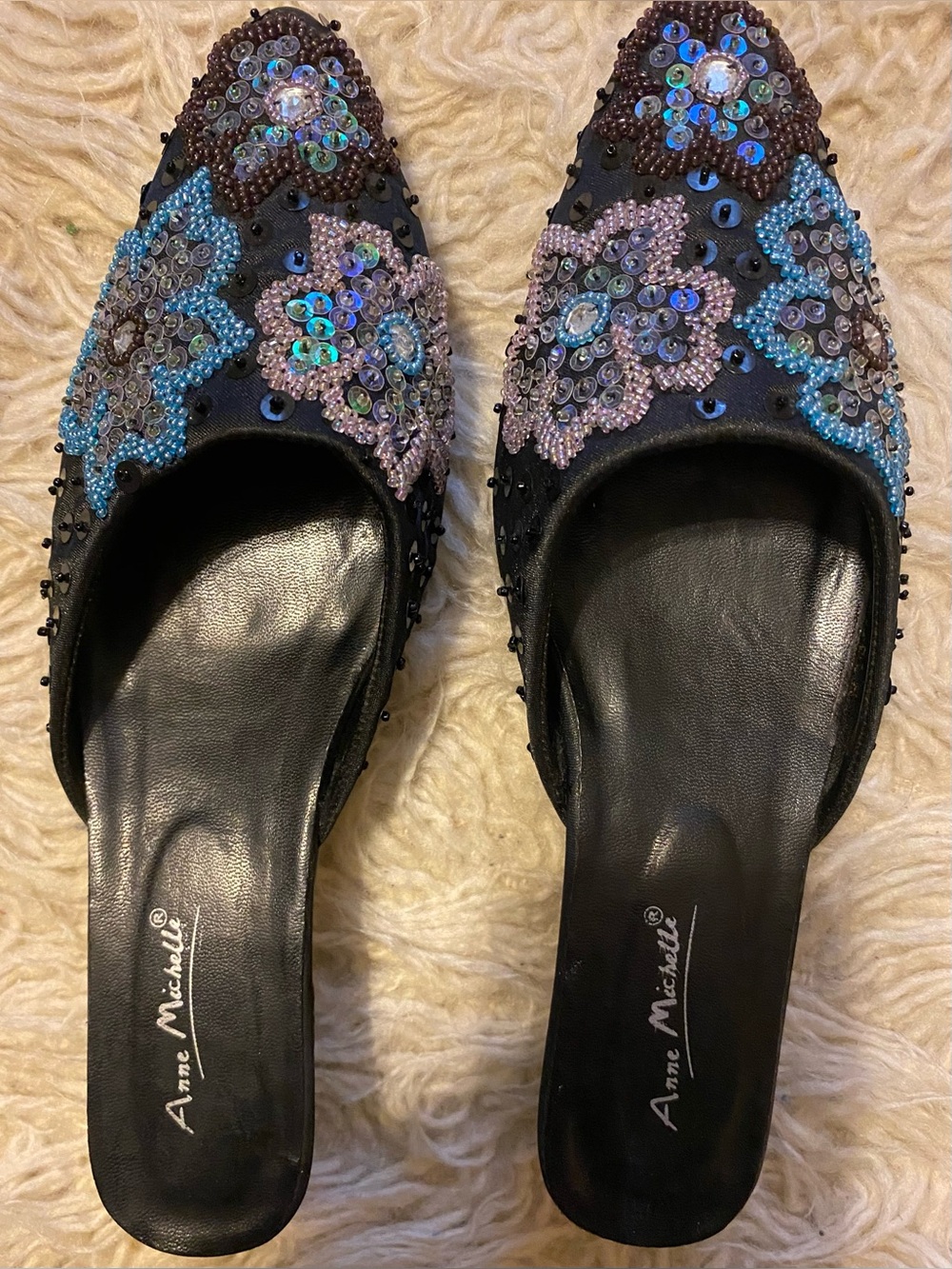 Anne Michelle Black Beaded Slip-On Mules, Blue and Purple sequins and beads sz 9